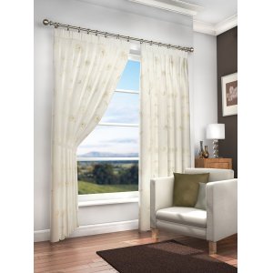 MERTON CREAM VOILE  WITH GOLD EMBROIDERED DESIGN PAIR OF CURTAINS WITH PENCIL PLEAT TOP