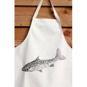 SALMON APRON ILLUSTRATION SCREEN PRINTED ON UNBLEACHED HEAVYWEIGHT COTTON CANVAS