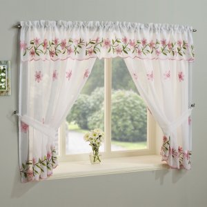TORQUAY PINK EMBROIDERED WINDOW SET WITH ATTACHED VALANCE & TIE BACKS