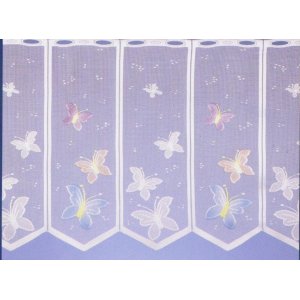 BUTTERFLY WHITE  CAFE CURTAIN  HAND COLOURED : priced per metre limited stock left in 24 inch drop